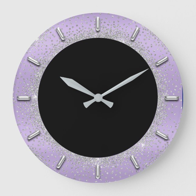 Grande Horloge Ronde Parties scintillant gris argent gris noir Lavande  (Recto)