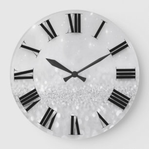 Grande Horloge Ronde Parties scintillant gris argenté Nombre romain min