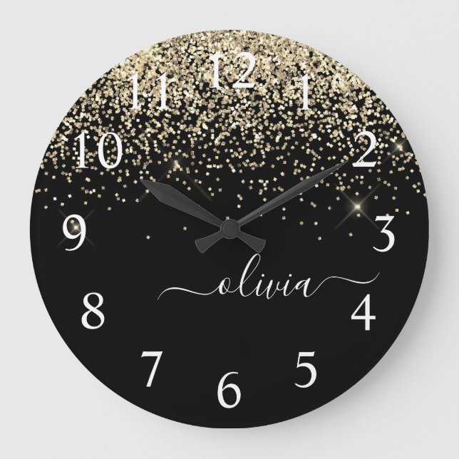 Grande Horloge Ronde Parties scintillant Noir Or Script Monogramme Nom  (Recto)