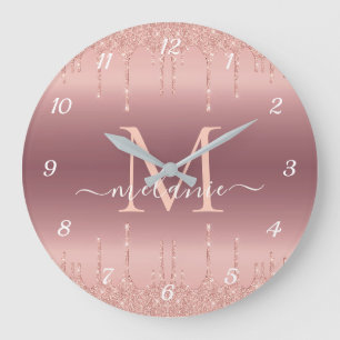 Grande Horloge Ronde Parties scintillant or rose Nom personnalisé Lettr
