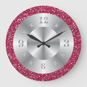 Grande Horloge Ronde Parties scintillant rose élégant Numéros d'argent 
