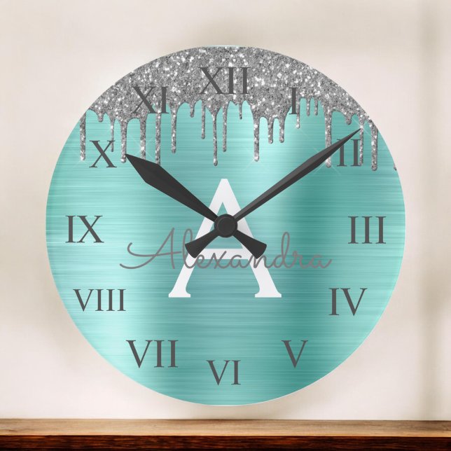 Grande Horloge Ronde Parties scintillant Turquoise d'argent Nom du mono (Créateur téléchargé)