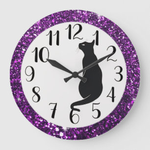 Grande Horloge Ronde Parties scintillant violette et chat noir