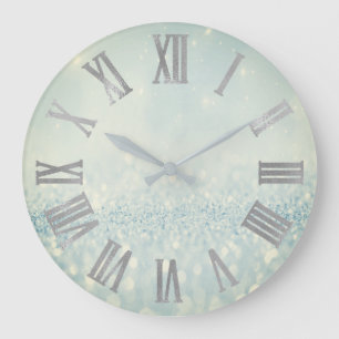 Grande Horloge Ronde Parties scintillantes bleues argentées Numers