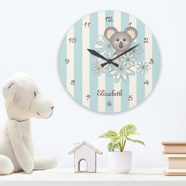 Grande Horloge Ronde Pastel Blue Stripe Cute Koala Nursery / Salle pour (Créateur téléchargé)