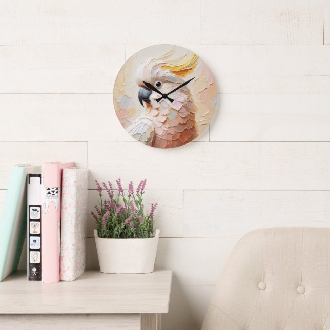 Grande Horloge Ronde Pastel Cockatoo Wall Clock – Soft Impasto Bird Art (Salle de lecture)