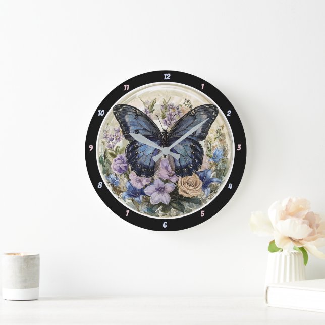 Grande Horloge Ronde Pastel Garden" - Papillon Bleu (Maison)