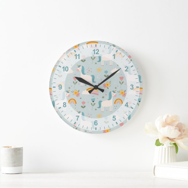 Grande Horloge Ronde Pastel mignon Rainbow Unicorn Motif (Maison)