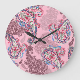 Grande Horloge Ronde Pastel paisley, patchwork ethnique traditionnel