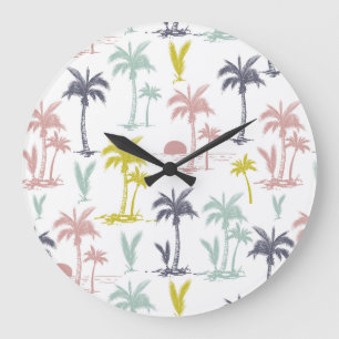 Grande Horloge Ronde Pastel Palm Tree by the Beach Motif