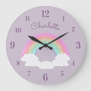 Grande Horloge Ronde Pastel Parties scintillant arc-en-ciel avec nom pe