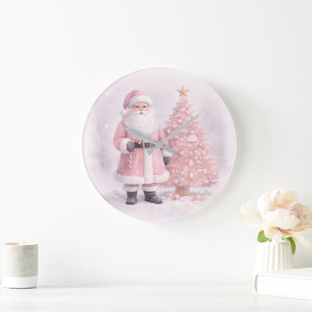 Grande Horloge Ronde Pastel Pink Christmas Santa  (Maison)