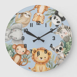 Grande Horloge Ronde Pastel Tropical Wild One Jungle Safari Animaux