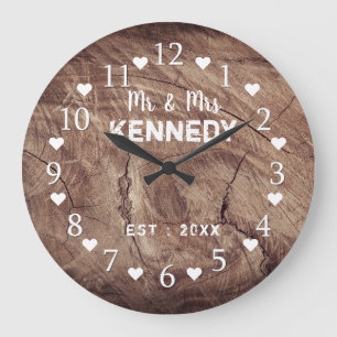 Grande Horloge Ronde Patiné Wood M. Et Mme Mariage campagnard