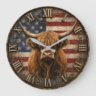 Grande Horloge Ronde Patriotic Highland Cow American Flag Rustic