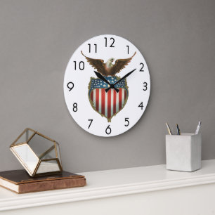 Grande Horloge Ronde Patriotisme vintage, aigle fier au-dessus du drape