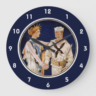 Grande Horloge Ronde Patriotisme Vintage, Dame Liberté avec marin de la