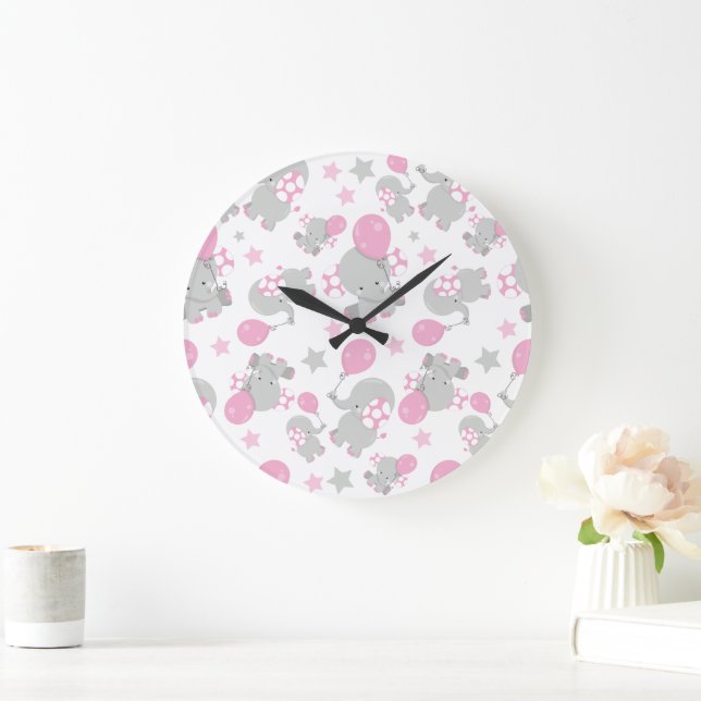 Grande Horloge Ronde Pattern of Elephants, Cute Elephants - Pink Gray (Maison)