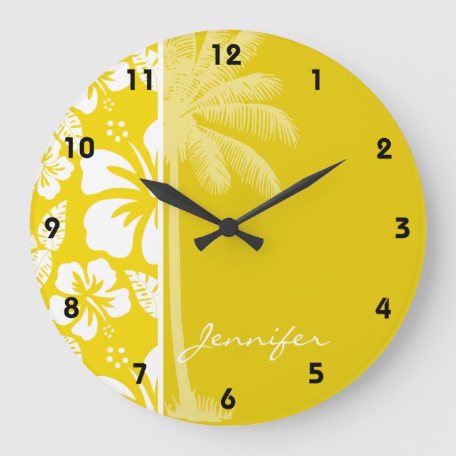 Grande Horloge Ronde Paume tropicale hawaïenne jaune d'or (Recto)