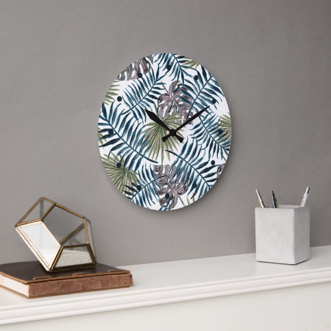 Grande Horloge Ronde Paume vert Mauve Tropical Feuille Aquarelle Art (Bureau)