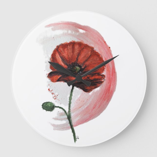 Grande Horloge Ronde Pavot : Une Fleur Aquarelle Délicate Et Vibrante (Recto)