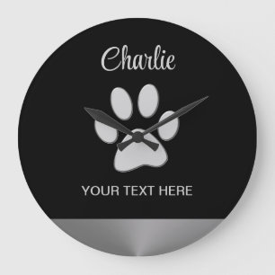 Grande Horloge Ronde Paw Chien Argent sur arrière - plan noir