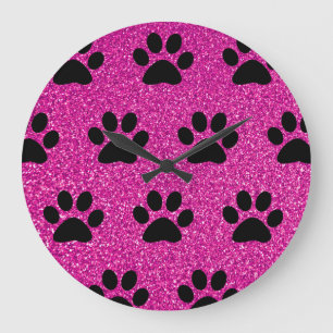Grande Horloge Ronde Paw Print Patterns Black Pink Glitter Cute Girly