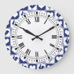 Grande Horloge Ronde Pays de coq et de coeur bleu et blanc de ferme