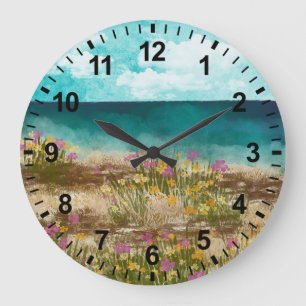 Grande Horloge Ronde Paysage à l'aquarelle Fleurs sauvages au bord de m