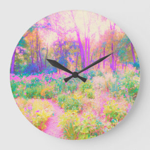 Grande Horloge Ronde Paysage de jardin rose et corail illuminé