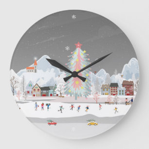 Grande Horloge Ronde Paysage d'hiver : fête du village de nuit.