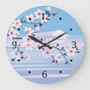 Grande Horloge Ronde Paysage en fleurs de cerisier Mer bleu rose