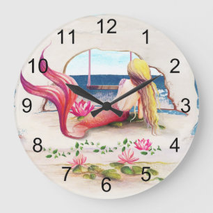 Grande Horloge Ronde Paysage marin à l'aquarelle Mermaid Océan