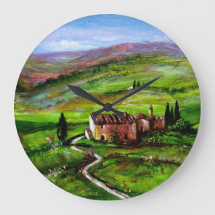 GRANDE HORLOGE RONDE PAYSAGE TOSCANE AUX COLLINES VERTES
