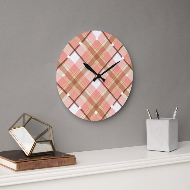 Grande Horloge Ronde Peach Red Orange Blanc Brown Paid Motif (Bureau)