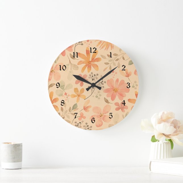 Grande Horloge Ronde Peachy—motif floral rose doré (Maison)