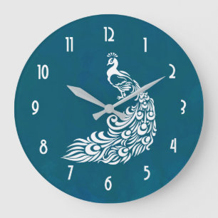 Grande Horloge Ronde Peacock blanc sur Turquoise Bold Design Art déco é
