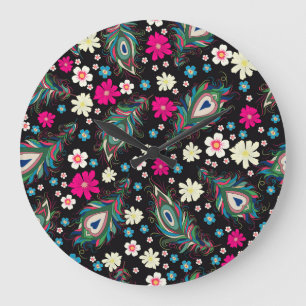 Grande Horloge Ronde Peacock Plumes Broderie Motif sans fil