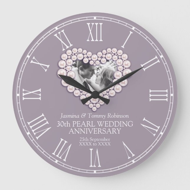 Grande Horloge Ronde Pearl photo coeur 30e anniversaire mariage sur mes (Recto)