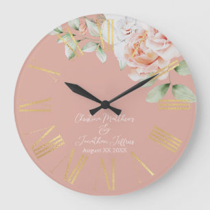 Grande Horloge Ronde Pêche romantique et fleurs blanches Mariage Keepsa