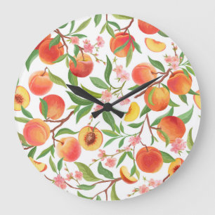 Grande Horloge Ronde Pêcher le Motif Vintage de fruits tropicaux.