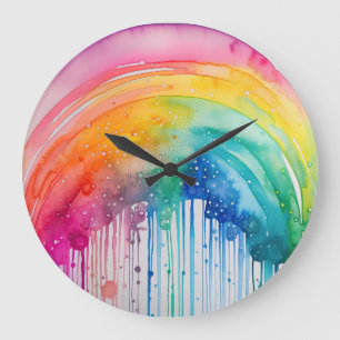 Grande Horloge Ronde Peint Arc-en-ciel Aquarelle Déchets de peinture Ab