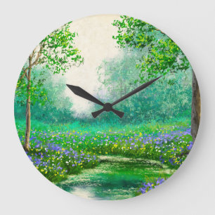 Grande Horloge Ronde Peinture à l'huile de paysage de printemps, forêt.