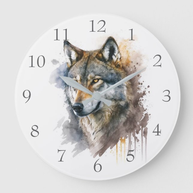 Grande Horloge Ronde Peinture aquarelle Wolf (Recto)