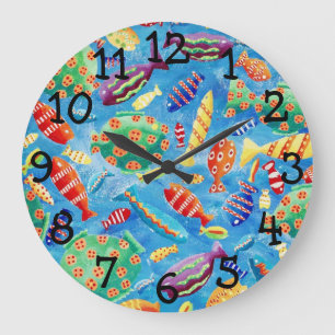 Grande Horloge Ronde Peinture d'aquarelle colorée à poissons tropicaux