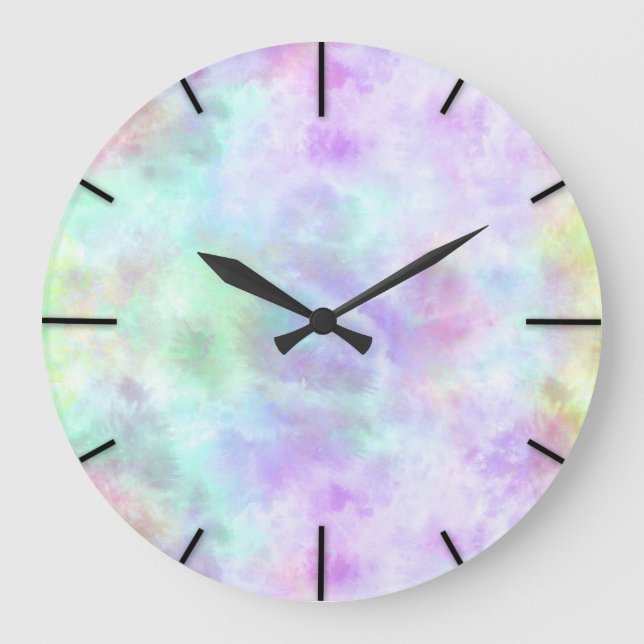 Grande Horloge Ronde Peinture d'aquarelle Pastel Rainbow Cravate-Dye (Recto)