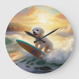 Grande Horloge Ronde Peinture de surf de plage de Bichon Frise