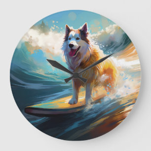 Grande Horloge Ronde Peinture de surf de plage de Malamute d'Alaska