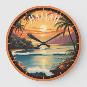Grande Horloge Ronde Peinture Vintage Coucher de Soleil Hawaï Serviette