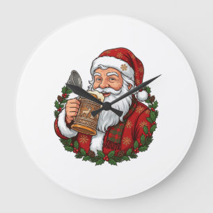 Grande Horloge Ronde Père Noël de Noël tenant un verre de bière